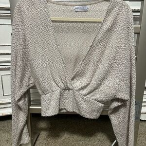 Urban Outfitters Cream Textured Deep V-Neck Plunge Sweater